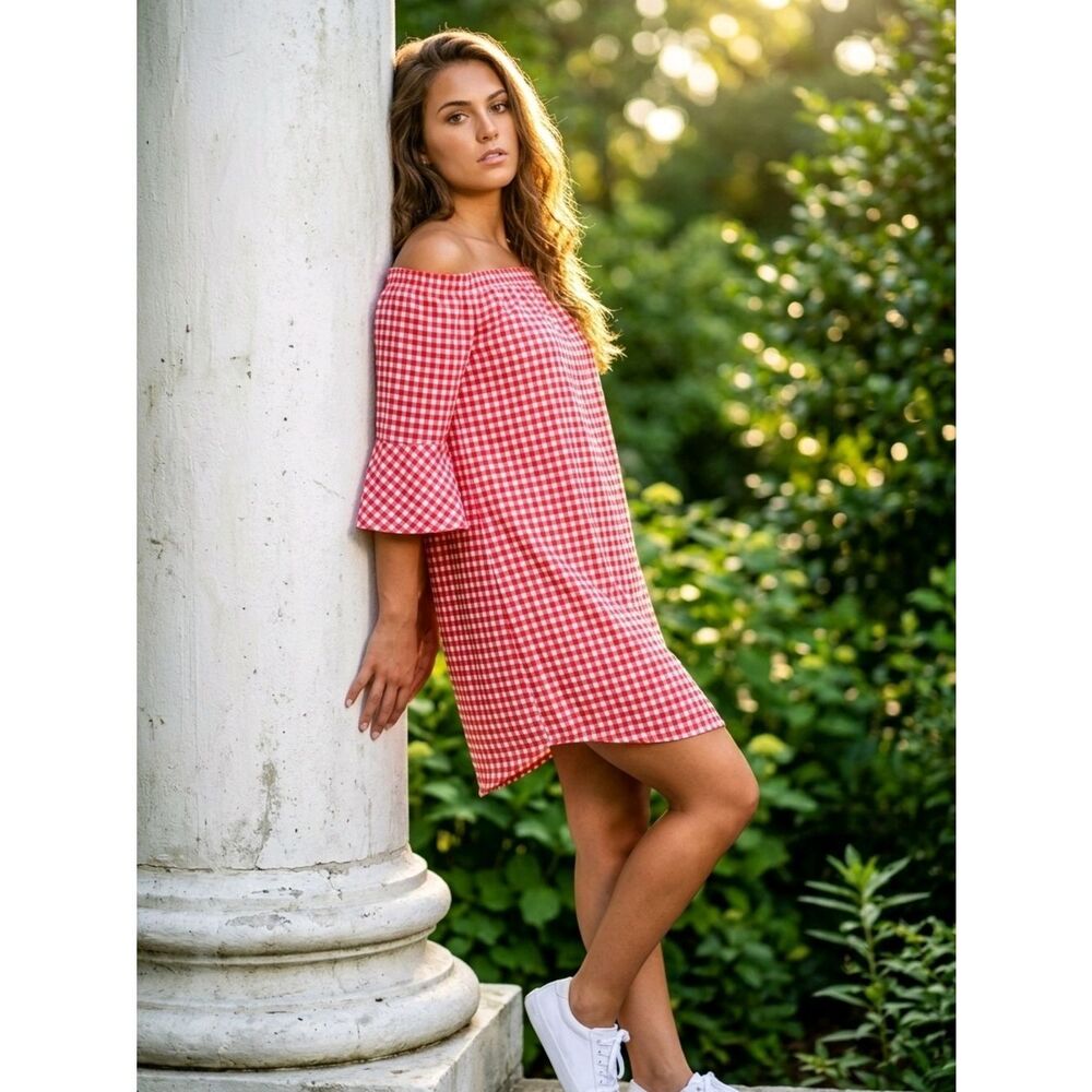 City Streets Red and White Gingham Elastic-Neck Top